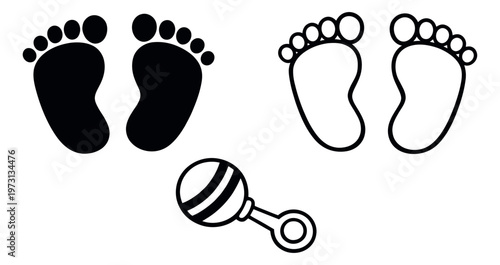 Hand drawn baby icon set featuring footprints in solid and outline styles, and a rattle for newborn announcements
