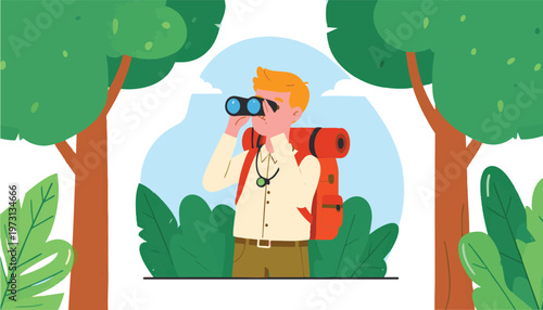 vector cartoon Adventurous Hiker Explores Forest with Binoculars