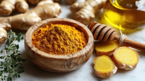 Turmeric powder, ginger, and honey: a healthy blend.