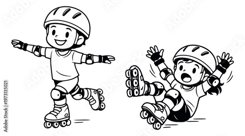 Hand drawn line art kids roller skating set featuring a happy child balancing and another child falling for childhood activities and safety concepts