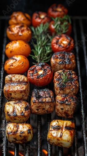 Grilled vegetables and meat cubes on a barbecue.