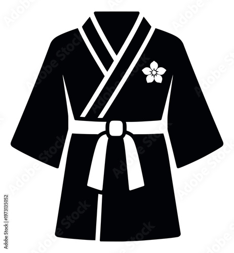 Icon illustration of a kimono depicting a black robe with a white belt and sakura flower for Japanese culture and traditional attire