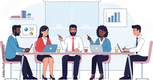 Diverse group of colleagues attend a business meeting at a conference.