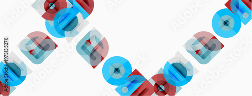 Abstract geometric shapes repeat, creating dynamic pattern. Blue, red hues dominate design, suggesting movement, depth.