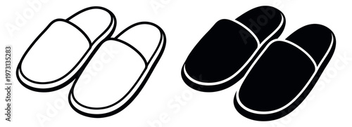 Minimalist icon set featuring line art and glyph slippers for home and hospitality