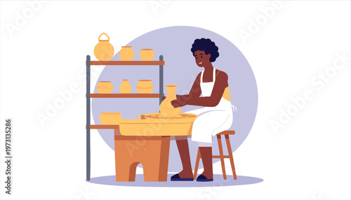 vector cartoon African American Woman Potter Crafting Clay on Wheel in Studio