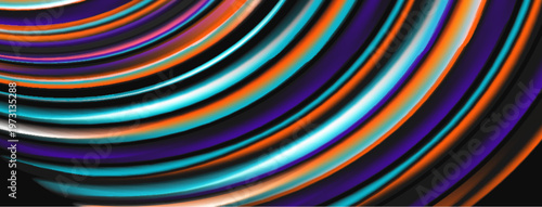 Abstract colorful lines create dynamic visual flow. Striking contrast between vibrant hues, dark background. Modern design element.