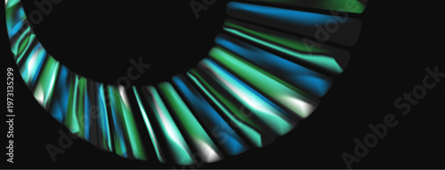 Abstract iridescent lines form curved shape. Gradient colors blend, creating dynamic visual effect. Dark background emphasizes luminosity.