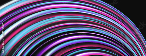 Colorful curved lines form semicircle shape. Vibrant pinks, blues, purples dominate dark background. Modern digital art.