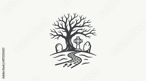 Cemetery Symbol with Cross and Tree