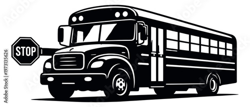 Graphic illustration of a school bus depicting an extended stop sign for education and safety