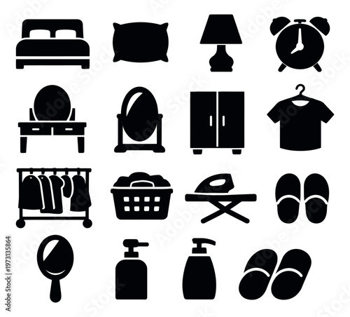 Flat silhouette bedroom and bathroom essentials set featuring furniture, laundry, and personal care items for a household