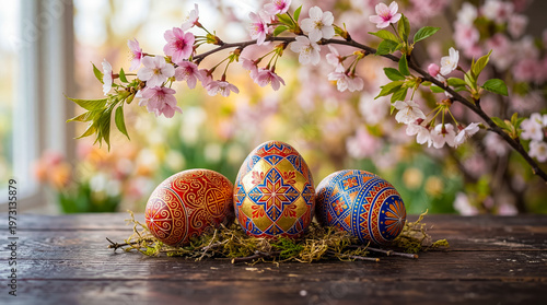 Three colorful Easter eggs arranged on wooden surface surrounded by moss. Cherry blossoms bloom in background, creating festive atmosphere. Concept of Easter celebrations, decoration, springtime joy
