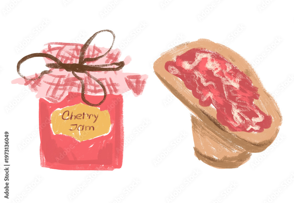 Naklejka premium Whimsical set of illustrations of cherry jam in a jar and bread with jam in cottagecore theme