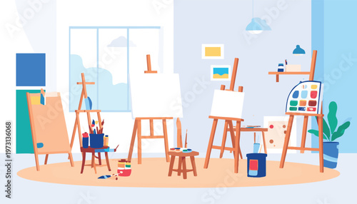 vector Art Studio Scene with Easels and Art Supplies