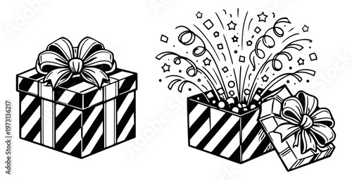 Hand drawn line art gift box set featuring a closed present and an open box with confetti burst for celebrations