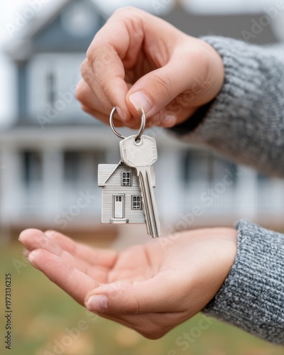 Handing Over House Keys Symbolizing Homeownership, Real Estate Transaction, and New Beginnings