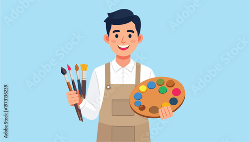 vector Artist Holding Paint Palette and Brushes Ready to Create Masterpiece