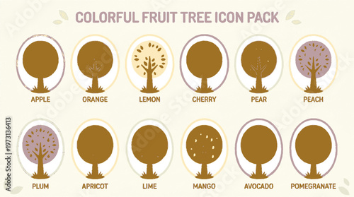 A colorful fruit tree icon pack featuring various fruit trees in a modern and minimalist design style