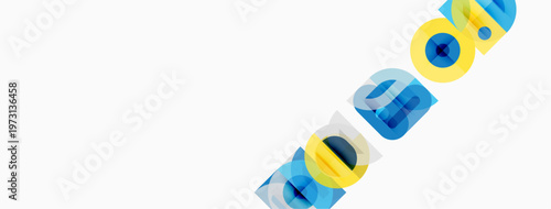 Abstract geometric shapes, blue, yellow hues. Diagonal composition, overlapping forms, clean design. Minimalist aesthetic, modern art impression.