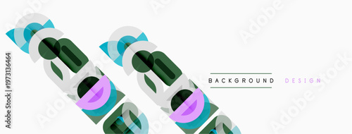 Abstract geometric shapes overlap, creating dynamic visual texture. Light colors dominate design, suggesting modern aesthetic.