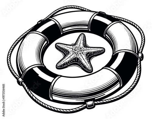 Hand drawn line art illustration of a lifebuoy and starfish depicting a nautical theme for summer travel
