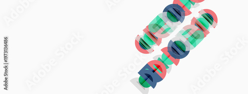 Colorful text layers overlap, creating abstract design. White background dominates image composition. Minimalist aesthetic present.