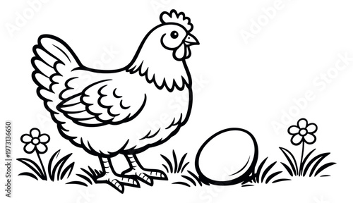 Hand drawn line art illustration of a chicken depicting a hen next to an egg for farm and spring designs