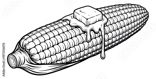 Hand drawn line art illustration of an ear of corn depicting melting butter for culinary concepts