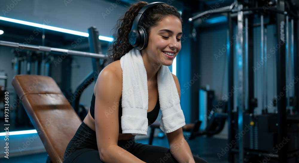 Fototapeta premium Happy woman with headphones and towel resting in gym. Female athlete taking break after workout. Fitness lifestyle and music concept