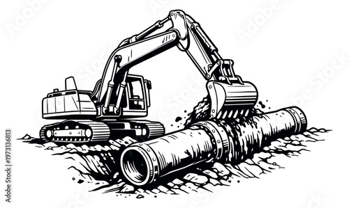 Line art illustration of an excavator depicting burying a large pipe for construction groundwork