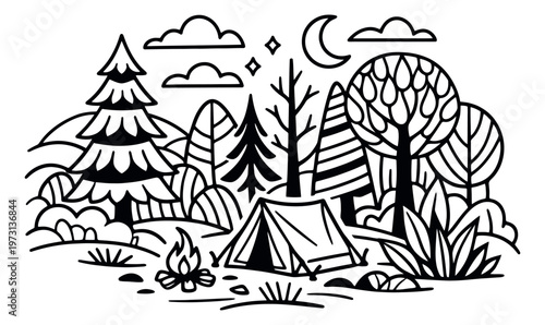 Hand drawn line art illustration of a night camping scene depicting a tent and campfire in a forest for outdoor adventure