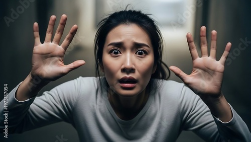 Frightened woman with hands up in fear and panic.