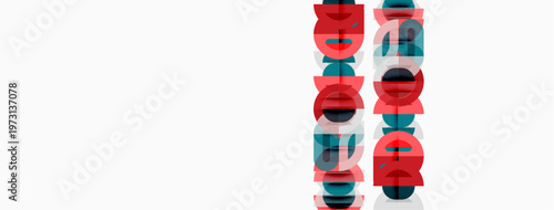 Abstract design features repeated red circles, vertical lines, white background. Minimalist composition, modern aesthetic, simple geometry.