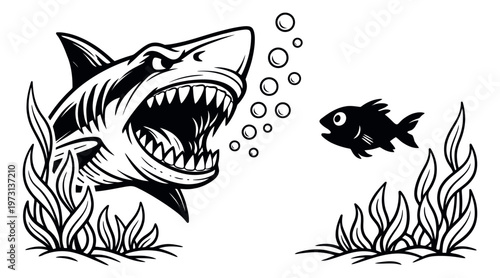 Line art illustration of a shark depicting an attack on a small fish for underwater danger