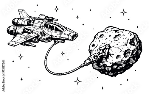 Hand drawn line art illustration of a spaceship and asteroid depicting resource extraction for space exploration