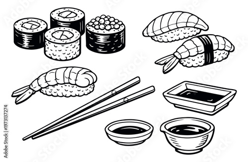 Hand drawn line art sushi set featuring maki rolls, nigiri, chopsticks, and soy sauce for restaurant menu design