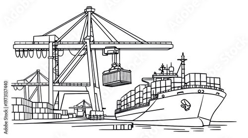 Hand drawn line art illustration of a cargo ship and gantry crane depicting a container being loaded for global shipping and logistics