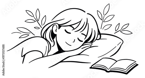 Line art illustration of a young woman depicting peaceful sleep next to a book for relaxation and wellness
