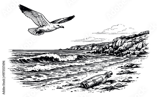 Hand drawn line art illustration of a serene beach scene depicting a seagull flying above a message in a bottle for nature and travel themes