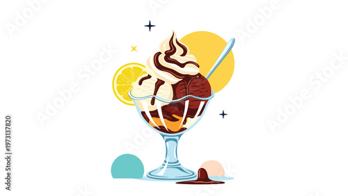 Delicious ice cream sundae with chocolate and vanilla scoops topped with whipped cream, syrup, and a lemon slice.