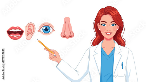 Professional female doctor in a white lab coat pointing at colorful illustrations of human sense organs like mouth, ear, eye, and nose.