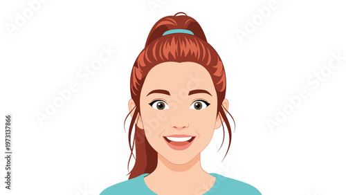 Close-up portrait of a cheerful young woman with red hair in a high ponytail smiling happily against a clean white background.