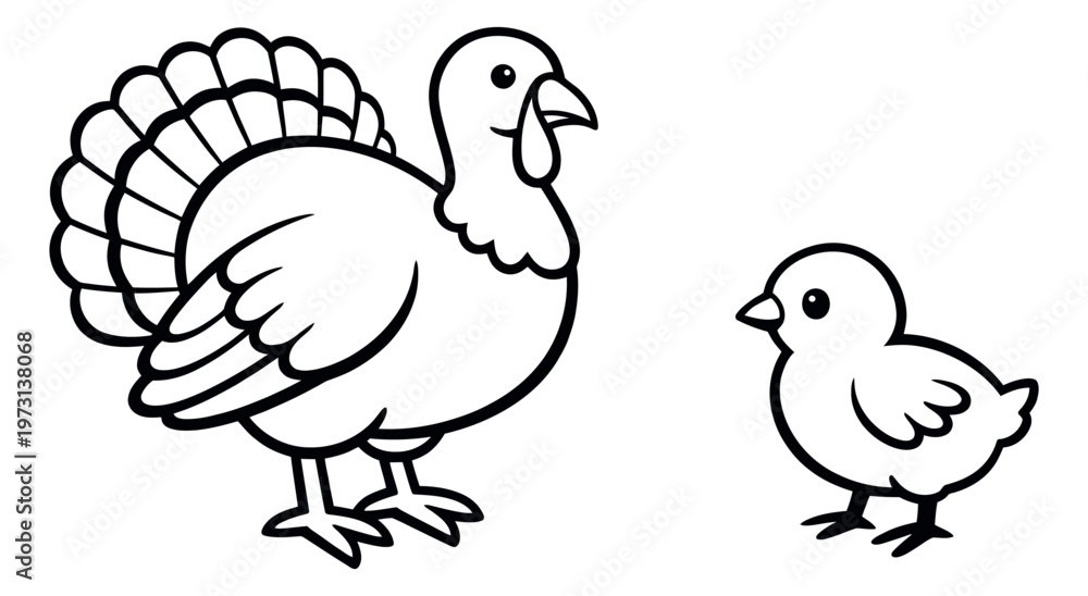 Fototapeta premium Line art poultry set featuring a turkey and a chick for farm and education projects