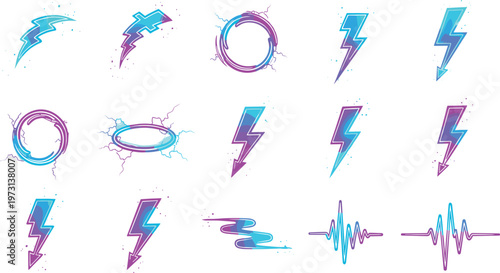 Set of Neon Electric Lightning Effects with Glowing Energy Bolts, Electric Rings, Sparks, and Waveforms in Futuristic Gradient Style