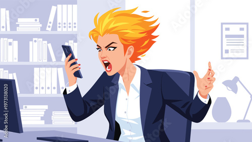 Angry businesswoman with flaming hair shouting into her mobile phone while working at her office desk illustration.
