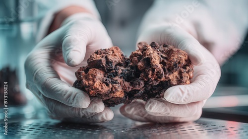 Field geologist inspecting raw ore sample, outdoor closeup revealing porous texture and grain structure, rugged soil and outcrop background, focus on critical minerals for battery supply and EV