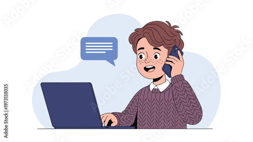 Young boy talking on his smartphone while simultaneously using a laptop computer for multitasking illustration.