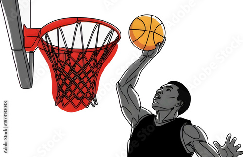 Illustration of a basketball player performing a slam dunk.