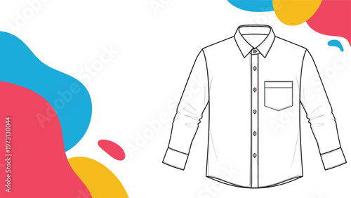 Classic white long-sleeved button-down shirt with a front pocket shown against a vibrant abstract background.